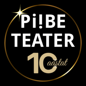 Piibe Teatri 10. aastapäeva logo – must taust, valge ja kuldne tekst „Pi!BE TEATER 10 aastat“, kuldse ringi ja särava tähekujundiga.