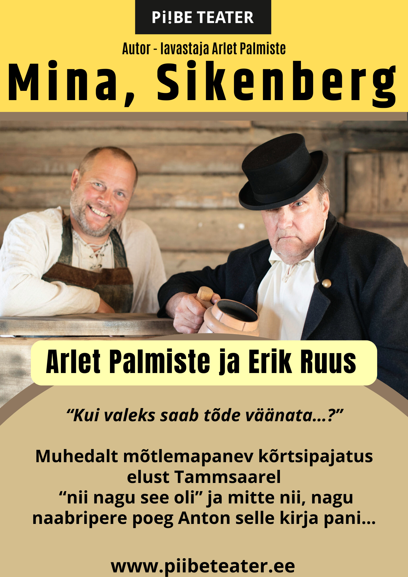 "Etenduse “Mina, Sikenberg” reklaamplakat: lõbus ja hoogne kujundus, mis tõstab esile Jakob Sikenbergi värvikat iseloomu. Kujutatud on näitlejat muheda ja kavalalt kelmika ilmega, toetades etenduse komöödialikku ja samas mõtlemapanevat olemust. Tekstilised elemendid sisaldavad küsimust “Kui valeks saab tõde väänata…?”, pealkirja “Mina, Sikenberg” ning teavet osatäitjate, lavastaja ja tehnilise meeskonna kohta. Etenduse kestus: 1 tund."