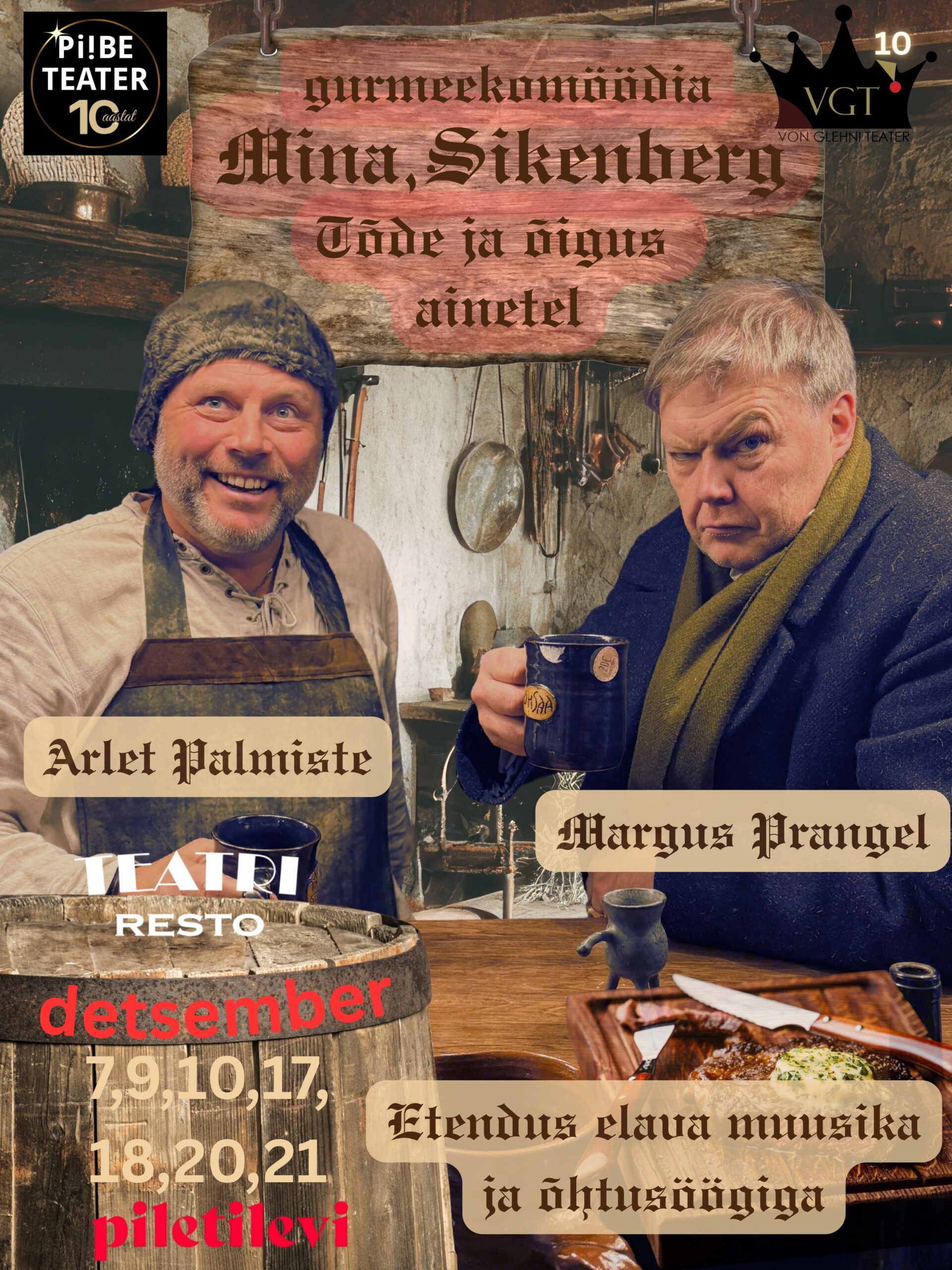 "Mina, Sikenberg" etenduse plakat, kus kujutatud näitlejad Arlet Palmiste ja Margus Prangel kõrtsimiljöös. Plakatil on kuupäevad, nimed ja info etenduse ning õhtusöögi kohta.