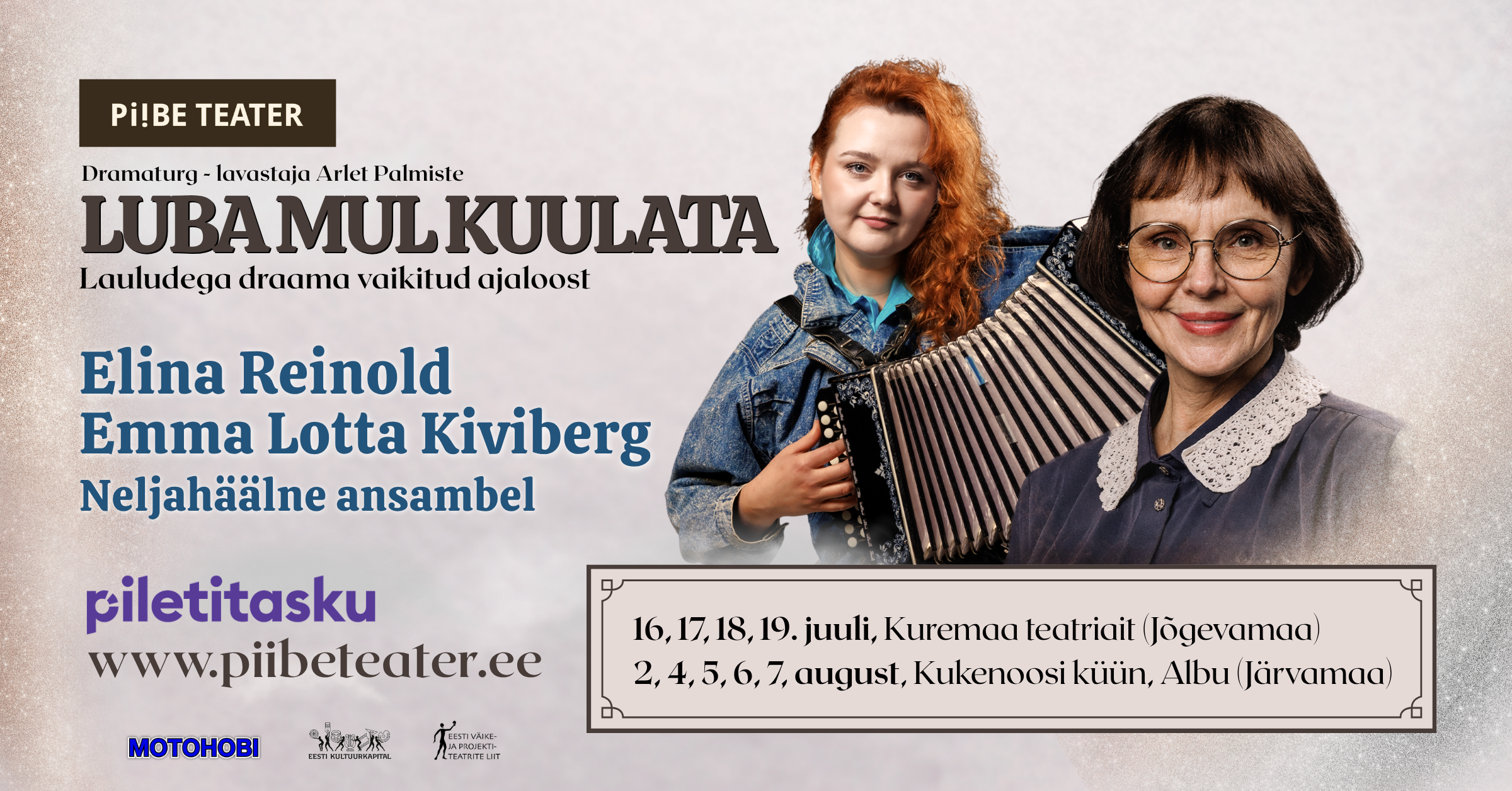 Luba mul kuulata lavastus plakat Elina Reinoldi ja Emma-Lotta Kivibergiga, Piibe Teater suvelavastus Vorkuta vangilaagri loost.